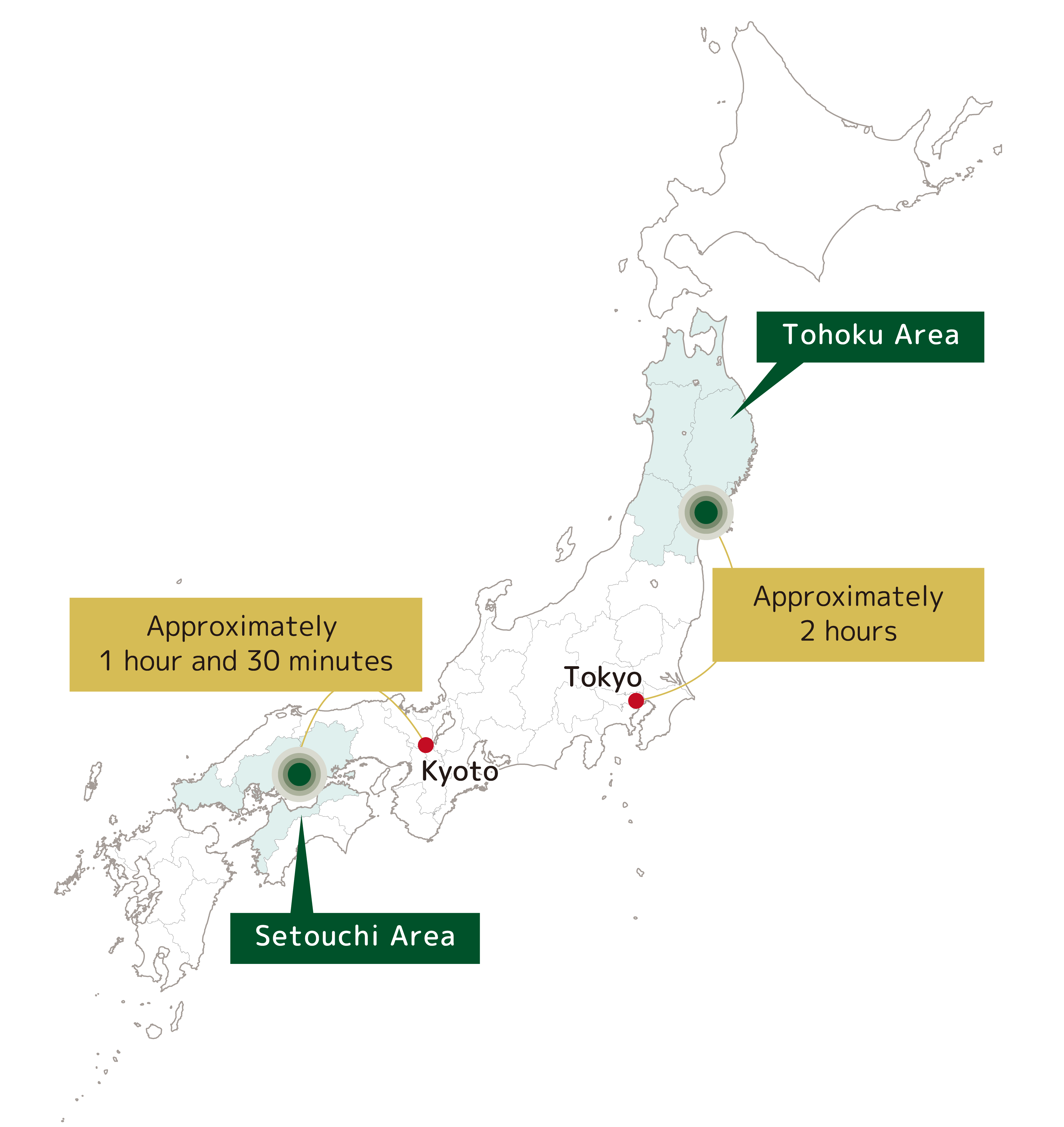 Japan Wellness Map: Tohoku, 2 hours train ride from Tokyo. Setouchi, 1.5 hours train ride from Kyoto.