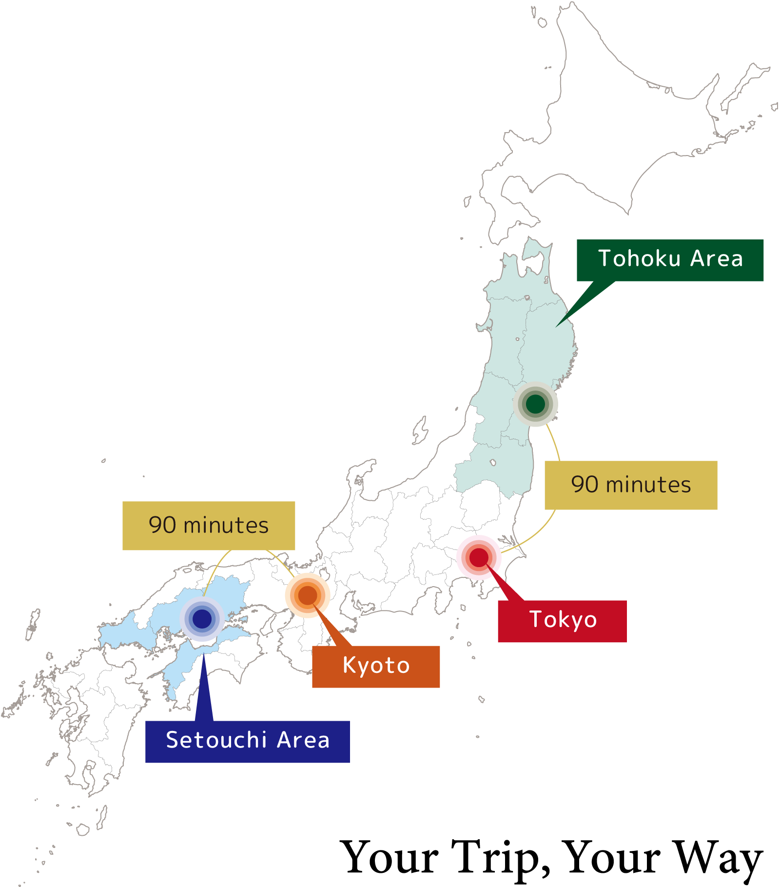 Japan Wellness Map: Tohoku, 2 hours train ride from Tokyo. Setouchi, 1.5 hours train ride from Kyoto. Your Trip, Your Way.
